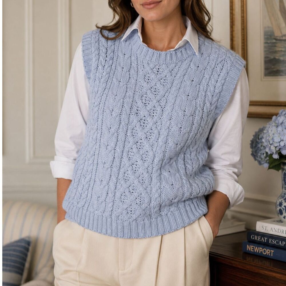 Aran Sweater Market XXL Blue Cable Knit Wool Sweater Vest Preppy Coastal Layer